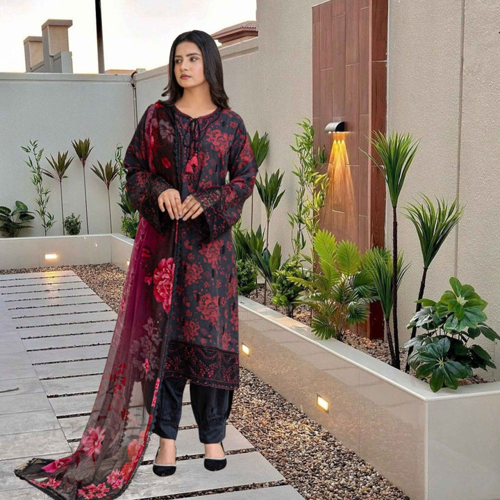 ANMOL –Premium Embroidered Suit – Black with Crimson Red