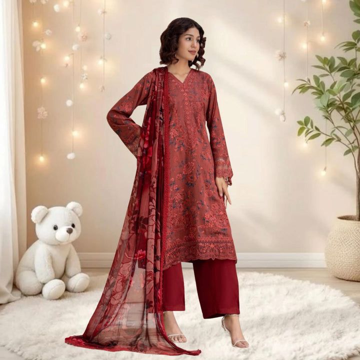 ANMOL –Premium Embroidered Suit – Rust Maroon