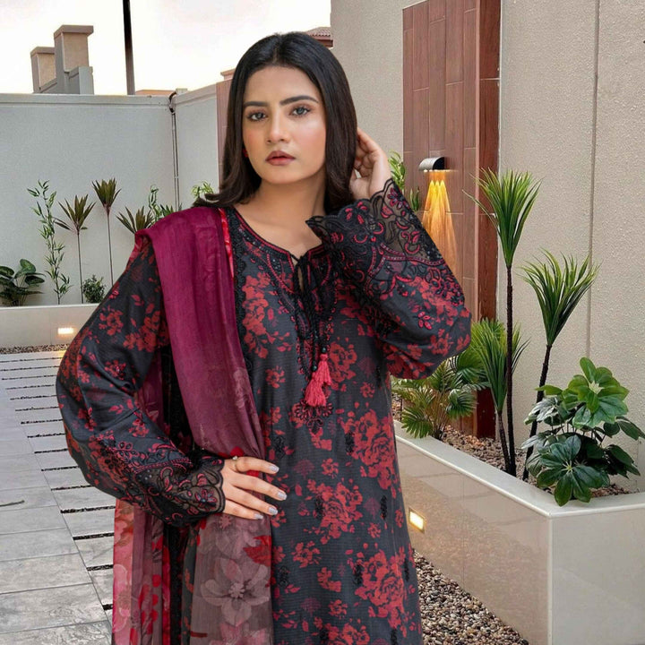 ANMOL –Premium Embroidered Suit – Black with Crimson Red