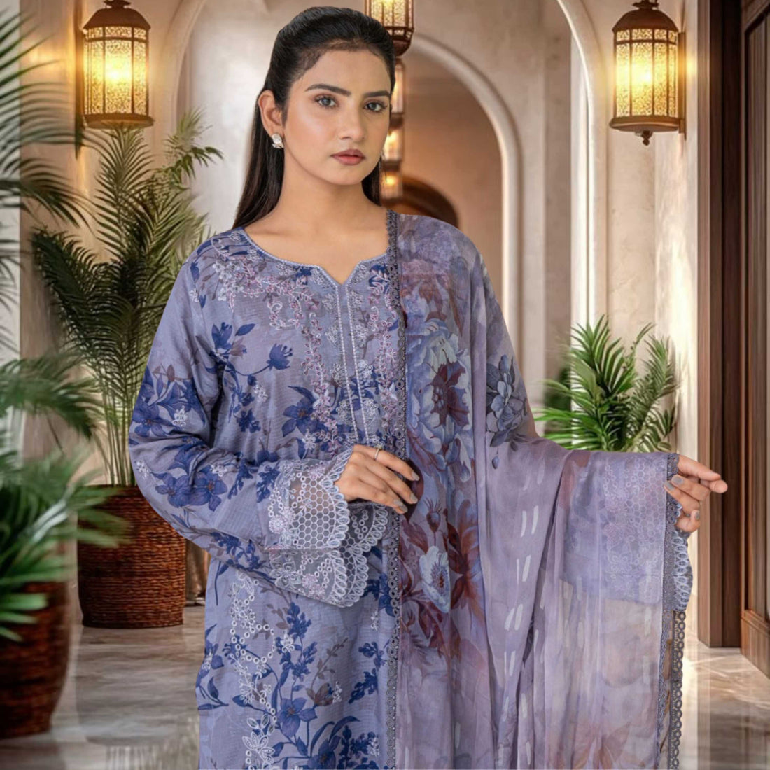 ANMOL –Premium Embroidered Suit – Dusty Slate Blue