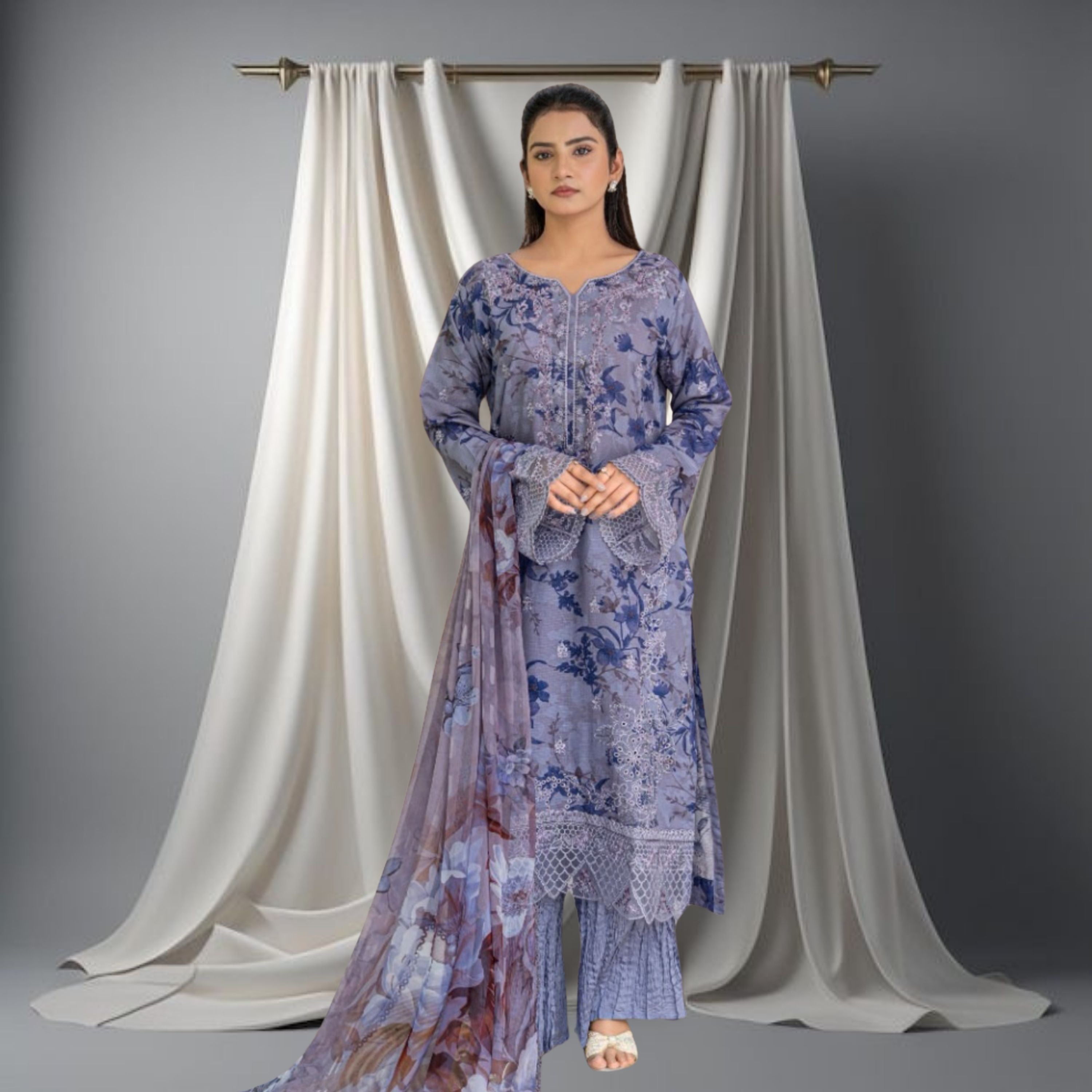 ANMOL –Premium Embroidered Suit – Dusty Slate Blue