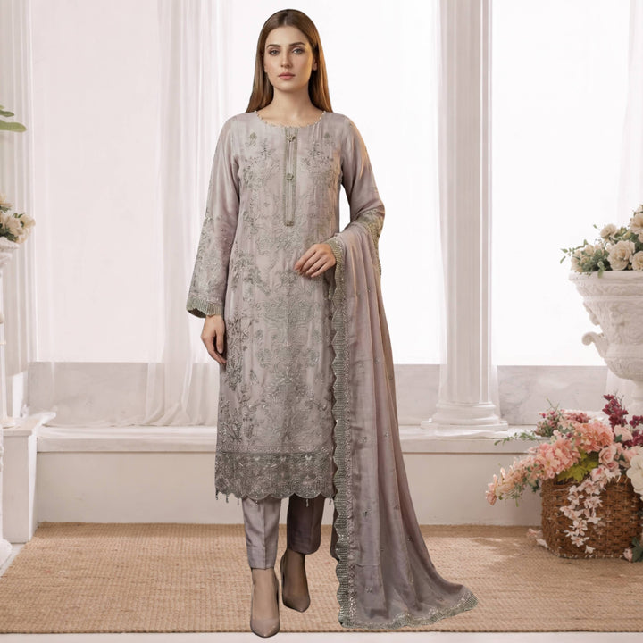 HAFSA Luxury Embroidered Chiffon – Soft Taupe