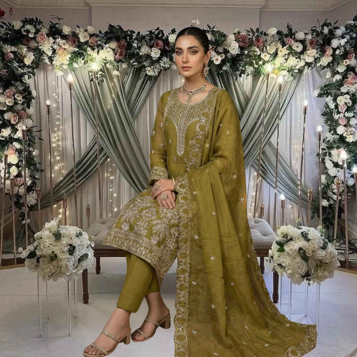 KHANAK Embroidered Lava Silk– – Olive Green