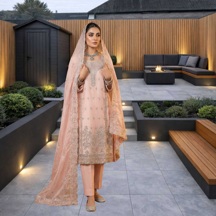 KHANAK Embroidered Lava Silk– Soft Peach