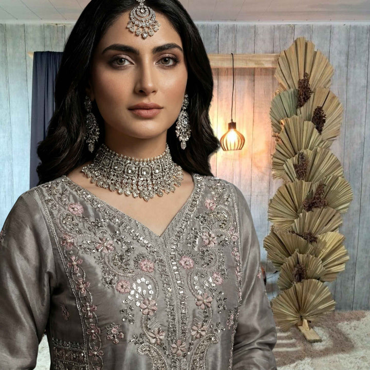 Dressline luxury embroidered Lava Silk outfit-TEHZEEB_Dove_Grey
