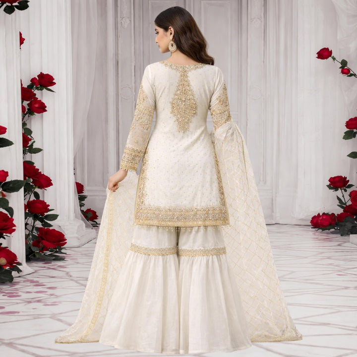 Bin Ali Ivory Gold 3PC Embroidered Sharara – Wedding Wear