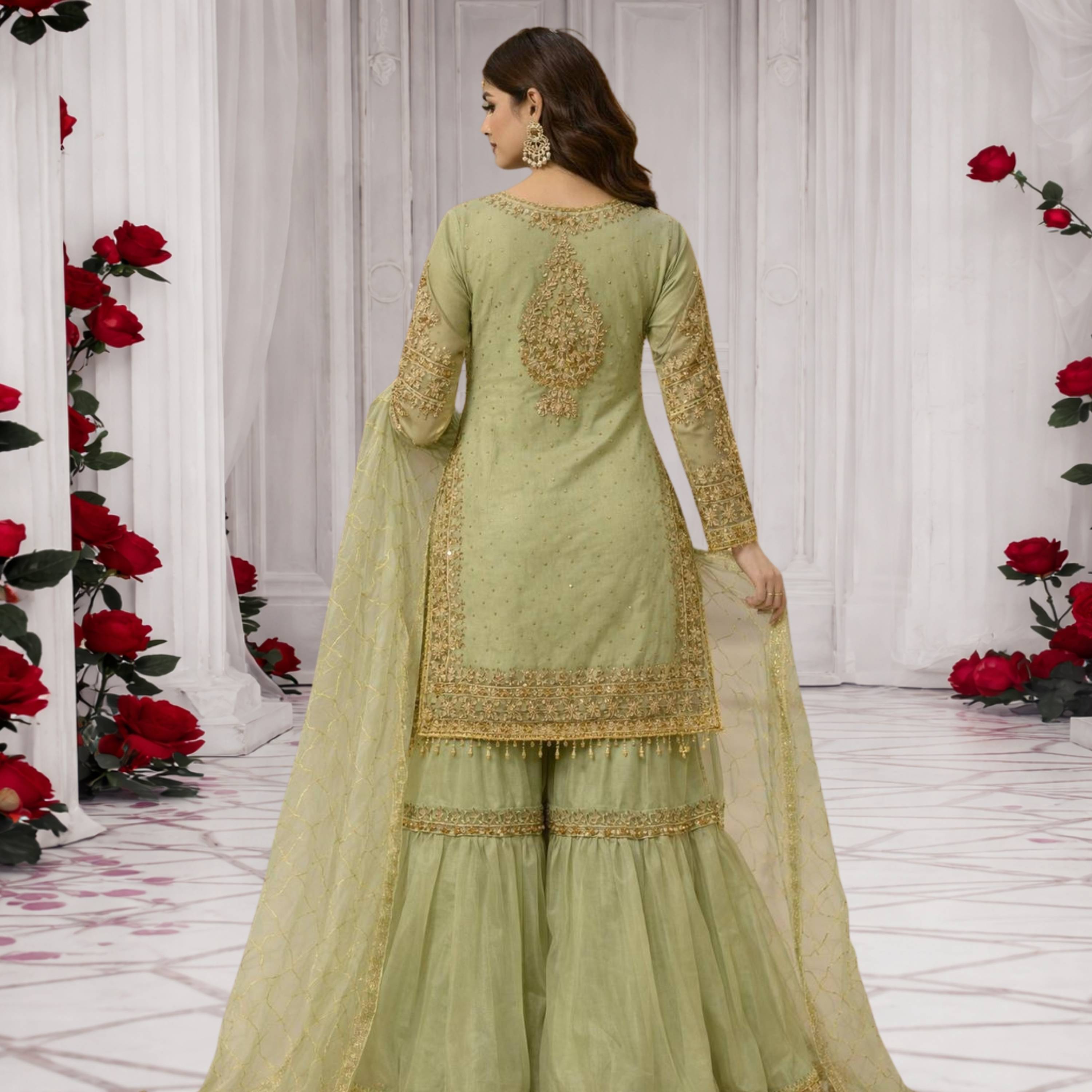 Bin Ali Mint Green 3PC Embroidered Sharara – Wedding Wear