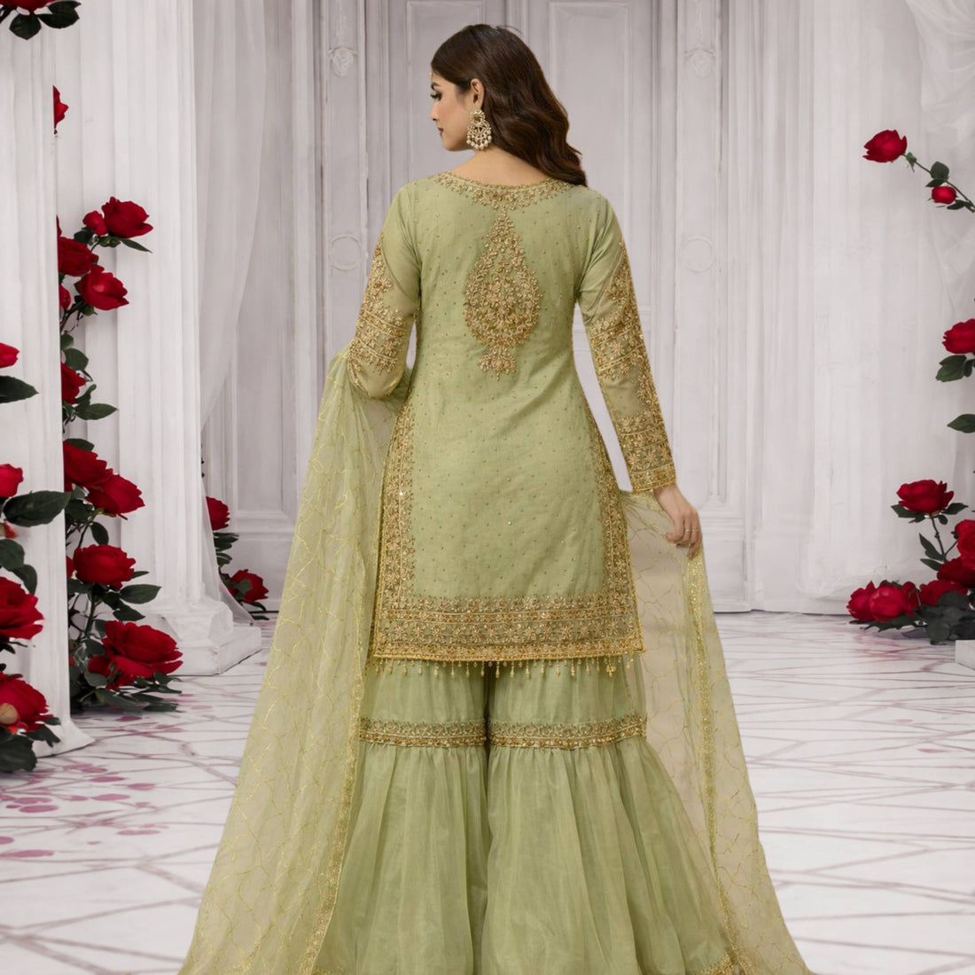 Bin Ali Mint Green 3PC Embroidered Sharara – Wedding Wear