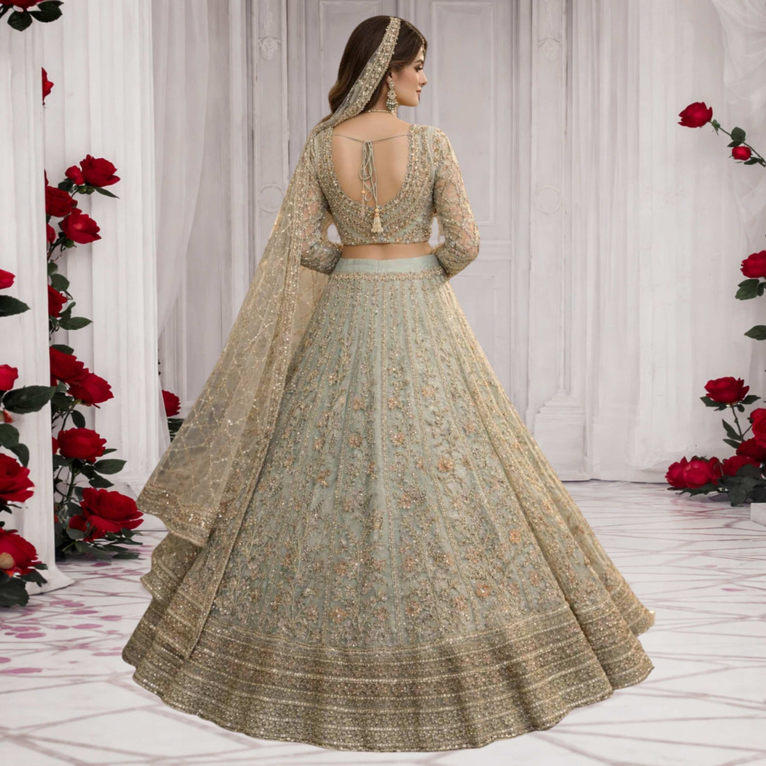 Bin Ali Mint Green Embellished Bridal Lehenga (3PC)