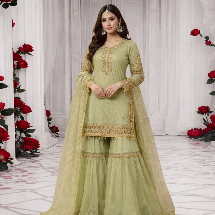 Bin Ali Mint Green 3PC Embroidered Sharara – Wedding Wear