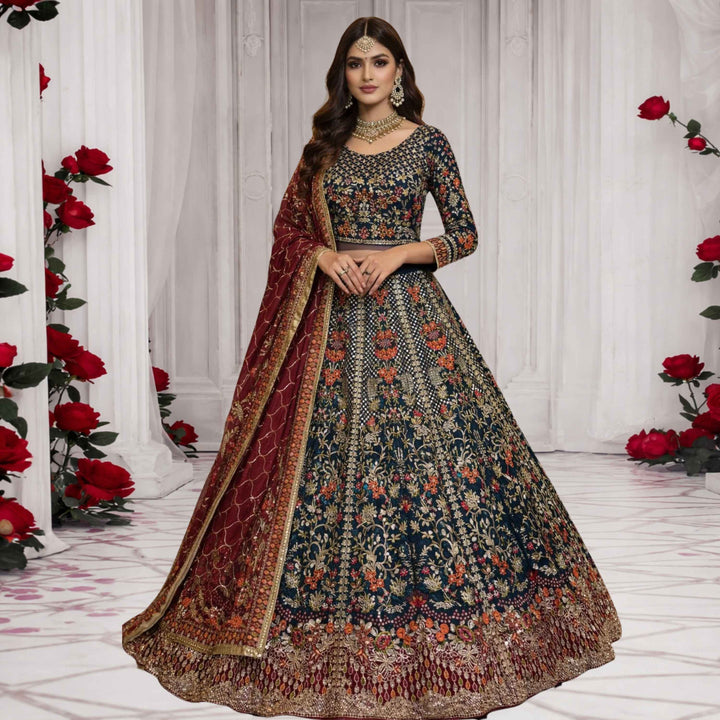 Bin Ali Navy & Maroon Zari Tilla Bridal Lehenga –  (3PC)