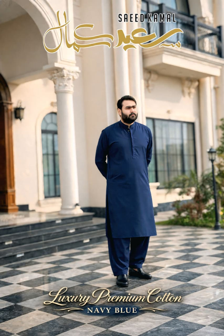 Men Shalwar Kameez Cotton Navy Blue Unstitched
