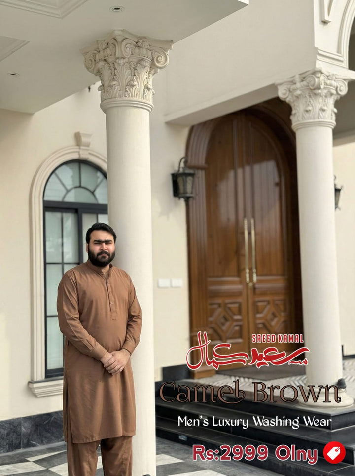 Men Shalwar Kameez Wash &amp; Wear Camel Brown Unstitched